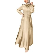 Tooayk Dresses Women's Casual Solid Muslim Dress Lantern Sleeve Abaya Islamic Arab Kaftan Dress Maxi Skirt Midi Dress Beige