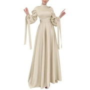 Tooayk Dresses Womens Casual Solid Muslim Dress Lantern Sleeve Abaya Islamic Arab Kaftan Dress Maxi Skirt Midi Dress Beige