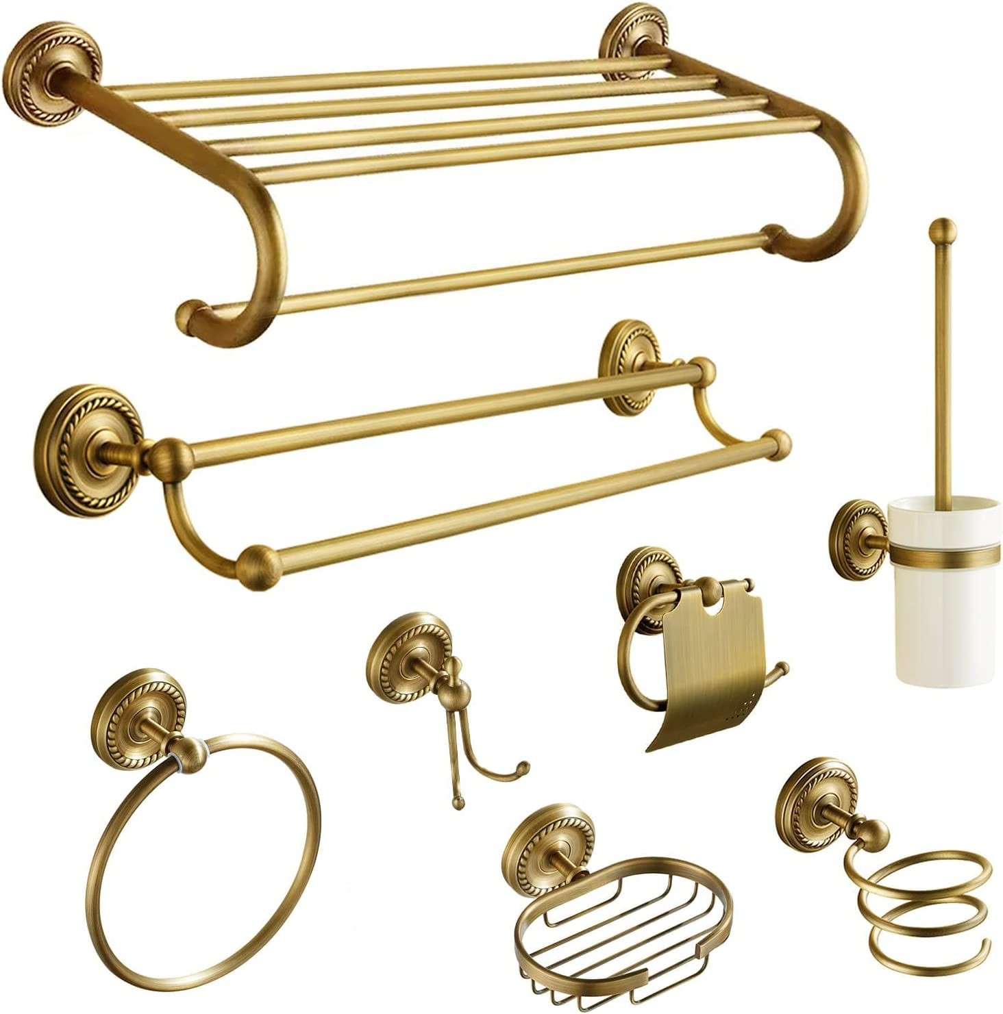 Toocust 8 Piece Wall Mounted Antique Brass Bathroom Hardware Accessories,  24 Double Towel Rack, Gold Towel Shelf Set, Brass Towel Bar, Gold Hand