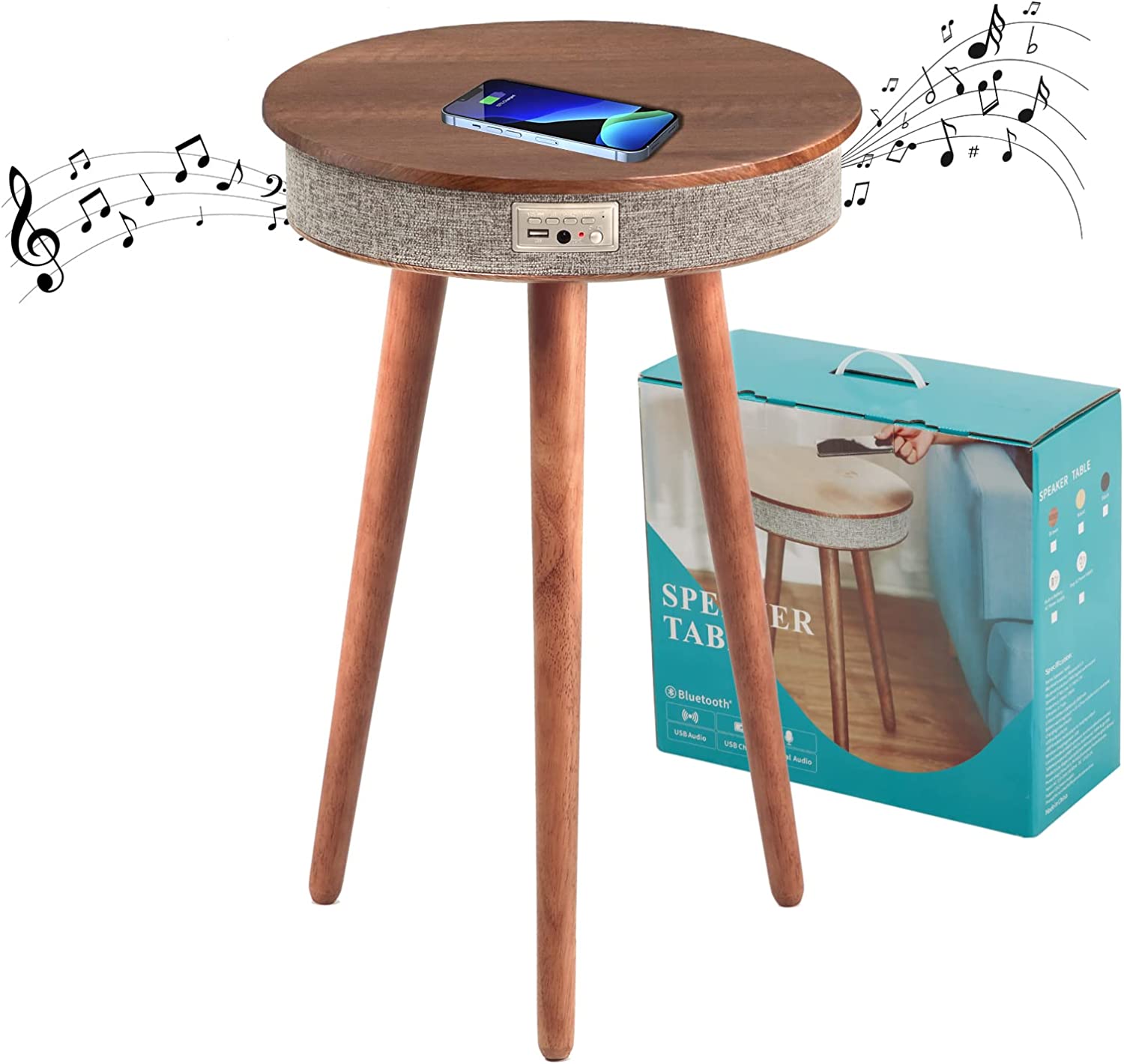 Tavolino Louis Donné Con Altoparlante Bluetooth 5.0 10W X2, Luci Sensore, Ricarica Wireless E USB – Pieghevole, Bianco