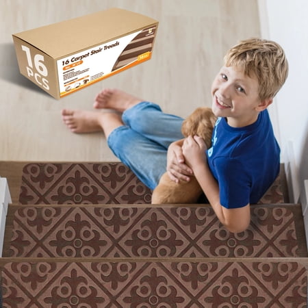 Toocust Stair Tread for Wooden Step, 16 Pieces Stair Pads for Wooden Stairs, Self Adhesive Stair Carpet Runners, 8" x 30" Non-slip Step Carpet for Stairs, Stair Runner, Carpet Stair Tread
