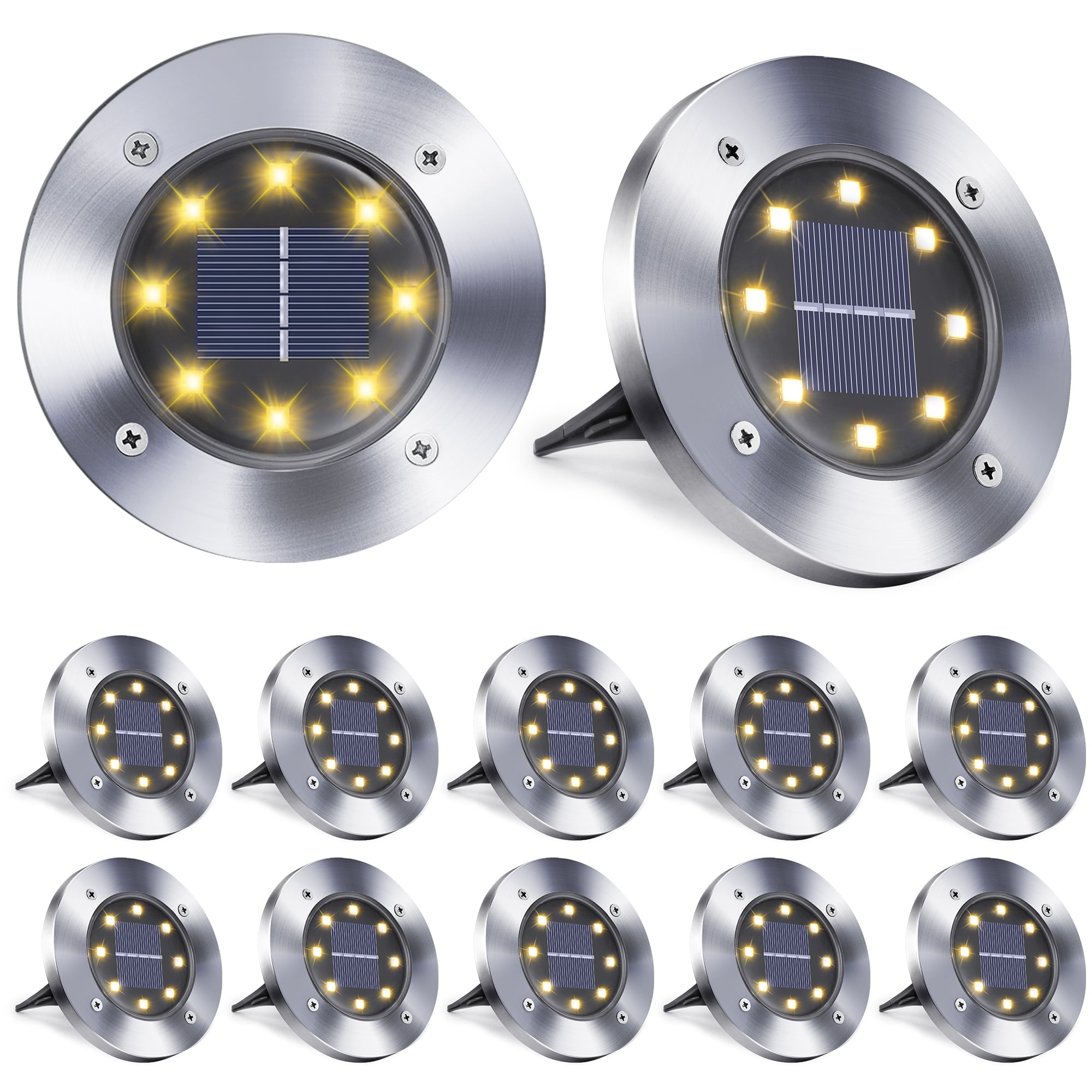Toodour 12 Pack Solar Ground Lights Outdoor, 8 LED Waterproof Solar Powered in-Ground Disk Lights for Garden Patio Yard Lawn Driveway Pathway, Warm White