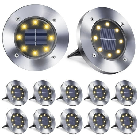 Toodour 12 Pack Solar Ground Lights Outdoor, 8 LED Waterproof Solar Powered in-Ground Disk Lights for Garden Patio Yard Lawn Driveway Pathway, Warm White