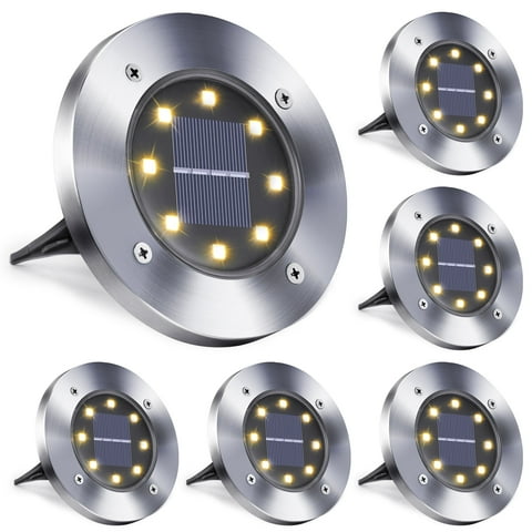 Toodour 6 Pack Solar Ground Lights Outdoor, 8 LED Waterproof Solar Powered in-Ground Disk Lights for Garden Patio Pathway Lawn Yard Deck Driveway Walkway, Warm White