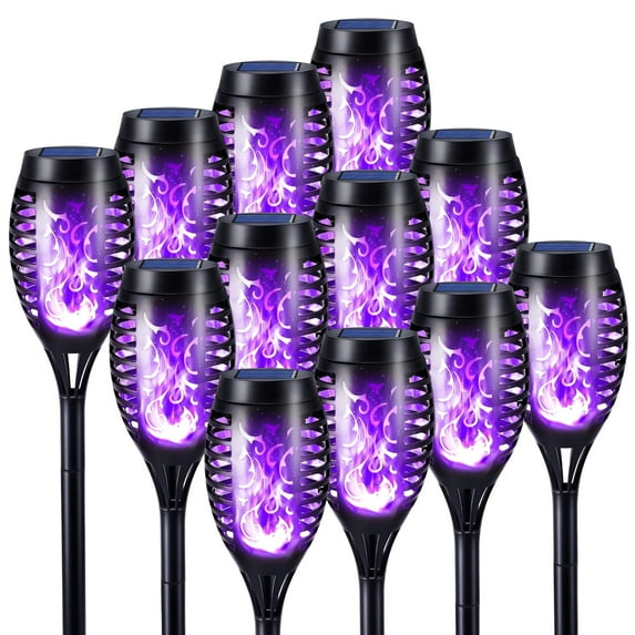Toodour Solar Halloween Lights Outdoor, 12 Pack LED Solar Torch Lights with Flickering Flame, Waterproof Halloween Decorations for Patio Garden Yard Pathway Landscape, Purple