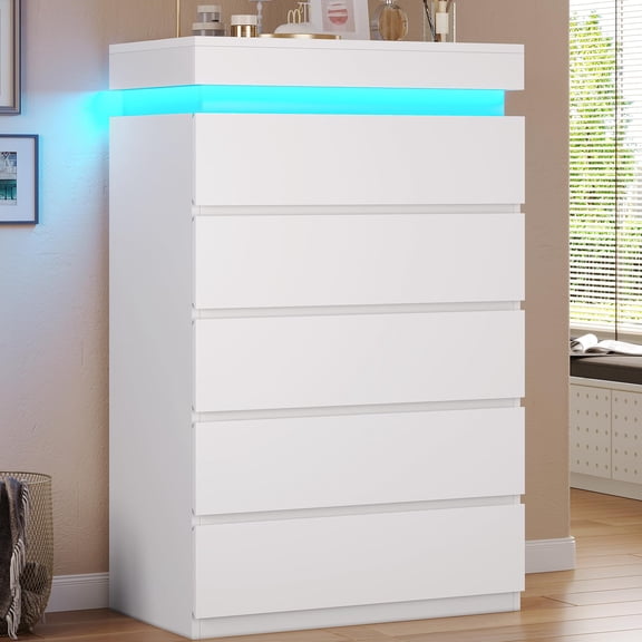 Toogaho 5 Drawer Dresser with LED Light, for Bedroom, Apartment Saver! Easy Assembly, Anti-Tip Kit, White Modern Storage Cabinet for Small Space