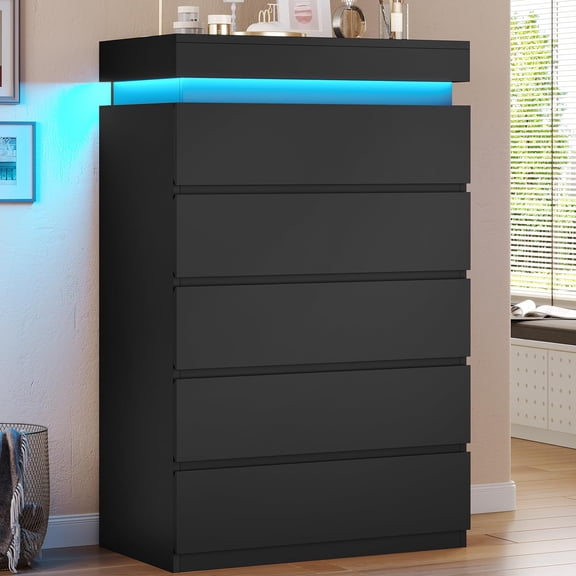 Toogaho 5 Drawer Dresser with LED Light, for Bedroom, Apartment Saver! Easy Assembly, Anti-Tip Kit, Black Modern Storage Cabinet for Small Space