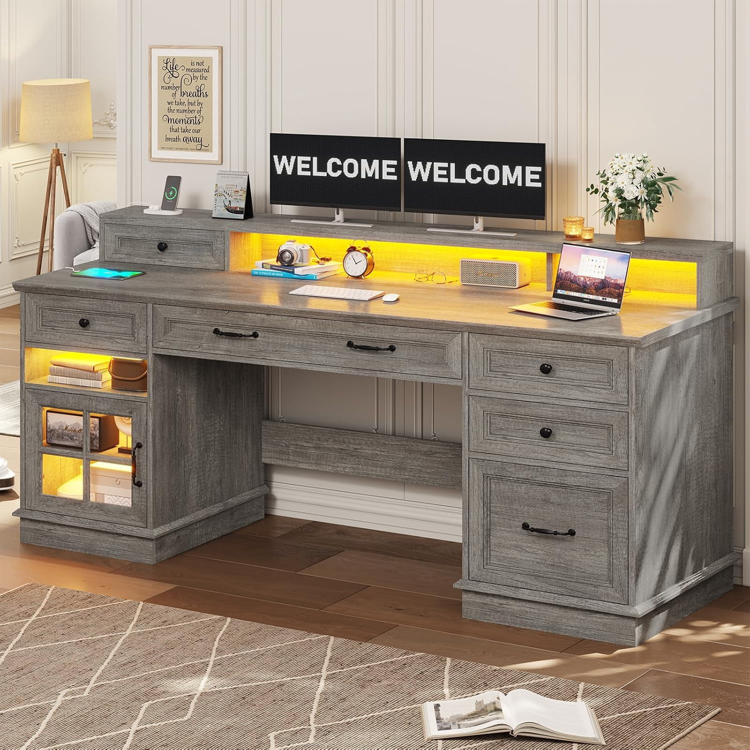 Toogaho 59.1'' Computer Desk with 6 Drawers,File Cabinet and Monitor ...