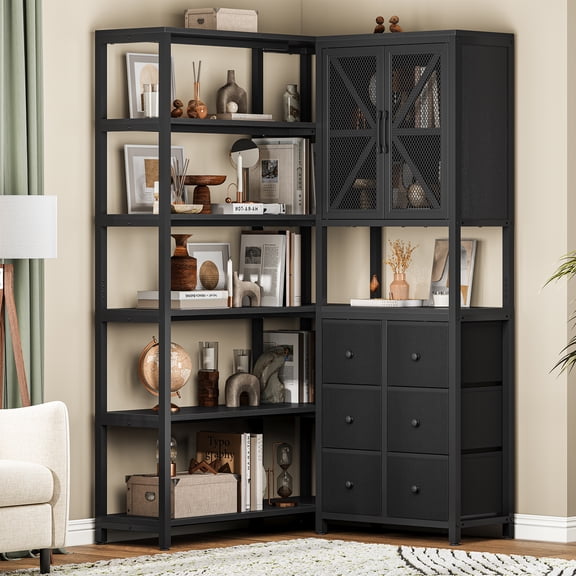 Toogaho 6-Tier Corner Bookshelf,Metal 70.9"Tall Convertible Bookcase with 6 Drawers & Cabinet,Display Shelf for Living Room,Home Office,Adjustable Height,Black