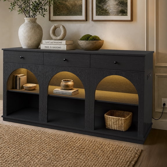 Toogaho 63" Console Table,Arch Style Wooden Entryway Table with 3 Drawers and Storage Shelves,Farmhouse Sofa Table with Charging Station & LED Light,Black