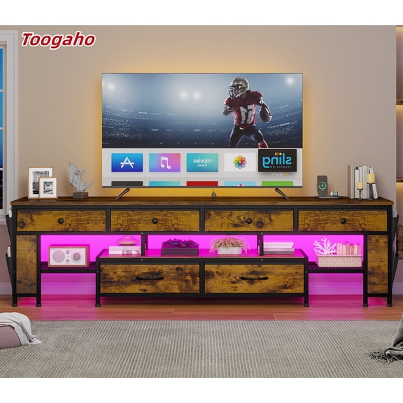 Toogaho 63" TV Stand with 6 Drawers & 4 Side Storage Bags & Shelves,for 65/70/75 Inch TV,Entertainment Center with Led Light and Power Outlets,Brown