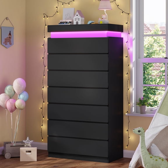 Toogaho 7 Drawers Dresser with LED Light,Wood Chset of Drawers,Bedroom, Living Room,Hallway, Black,Apartment Saver! Easy Assembly, Anti-Tip Kit, White Modern Storage Cabinet for Small Space