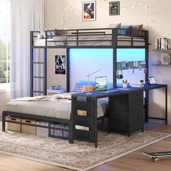 Toogaho Black Bunk Bed Twin Over Full Size with LED Lights & Storages & Charging Station, L-Shaped Metal Loft Bed Frame with Desk for Bedroom