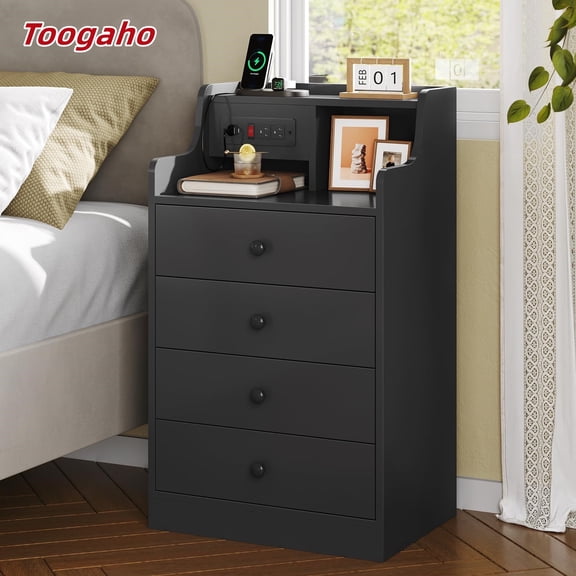 Toogaho Black Night Stand for Bedroom,Large Bedside Tables Charging Station,Tall Bedside Table with 4 Drawers & Hutch