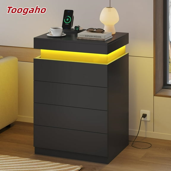 Toogaho Black Night Stand with Drawers and LED Lights,Sliding Top,Bedside Table with Charging Station,Modern End Side Table for Bedroom