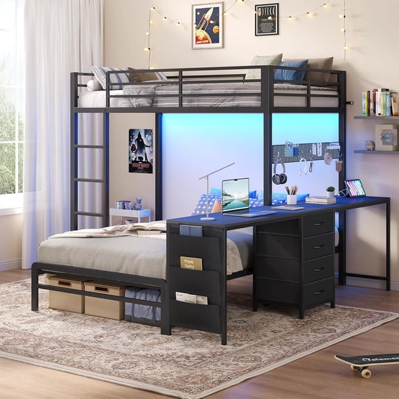 Toogaho Bunk Bed Twin Over Twin Size with LED Lights & Storages & Charging Station,L-Shaped Metal Loft Bed Frame for Bedroom,Black