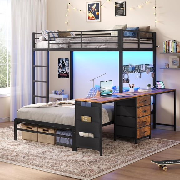 Toogaho Bunk Bed Twin Over Twin Size with LED Lights & Storages & Charging Station,L-Shaped Metal Loft Bed Frame for Bedroom,Brown
