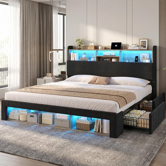 Toogaho California King Size Bed Frame with Storage & Charging Station & LED Lights,Upholstered Headboard Metal Platform Bed Frame,Noise Free,No Box Spring Needed,Black