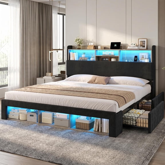 Toogaho California King Size Bed Frame with Storage & Charging Station & LED Lights,Upholstered Headboard Metal Platform Bed Frame,Noise Free,No Box Spring Needed,Black