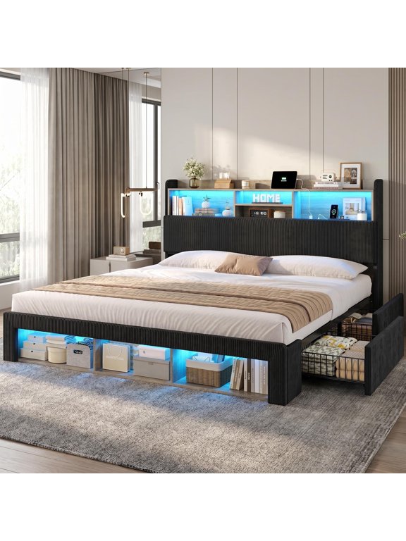 California King Size Bed Frame with Storage & Charging Station & LED Lights,Upholstered Headboard Metal Platform Bed Frame,Noise Free,No Box Spring Needed,Black
