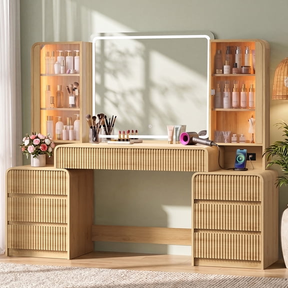 Toogaho 63''W Fluted Makeup Vanity Desk with LED Mirror and Lights,Wood Dressing Table with Storage & Power Outlet & 2 Glass Cabinets for Bedroom,No Handle,Nature Oak
