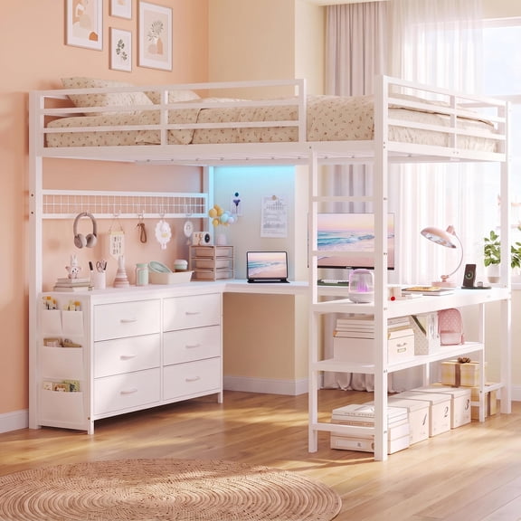 Toogaho Full Loft Bed with U-Shaped Desk & Charging Station & LED Lights,Metal Loft Bed Frame with Storage & 13"H Guardrail,White