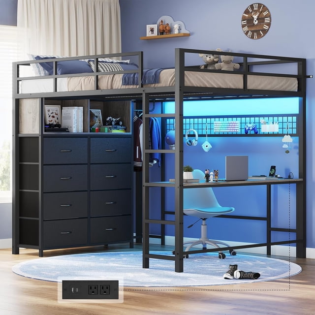 Toogaho Full Loft Bed with Desk,Metal Loft Bed with Storage & LED ...