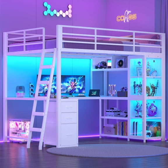 Toogaho Full Size Gaming Loft Bed with Desk & Display Cabinet & LED Lights,Metal Loft Bed Frame with Storage & Charging Station,White