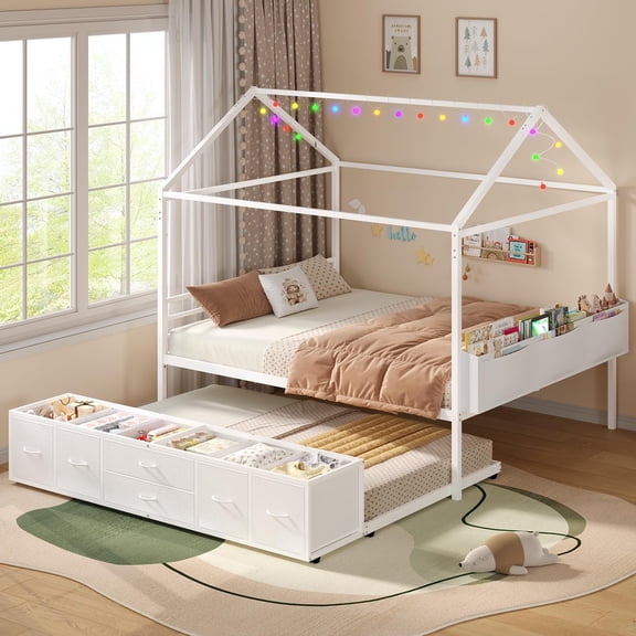 Toogaho Full-Size House Bed with Twin Trundle,Wood Bed Frame Daybed with 6 Storage Drawers & LED String Light & Bedside Caddy for Bedroom,No Box Spring Needed,White