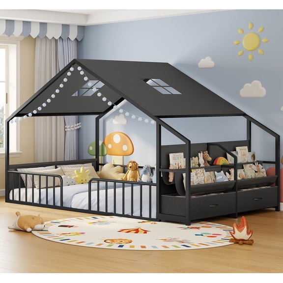 Toogaho Full Size Montessori Bed,House-Shape Design,Metal Floor Bed Frame with Bookshelves & Drawers & Guardrails,Black