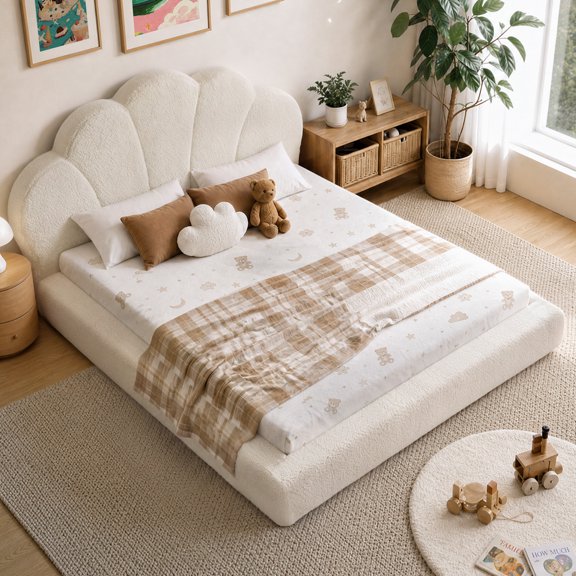 Toogaho Full Upholstered Bed with 33.8" H Headboard and All Sponge Bed Base for Adults,Soft Teddy Fleece,Metal Frame,Easy Assembly,Beige