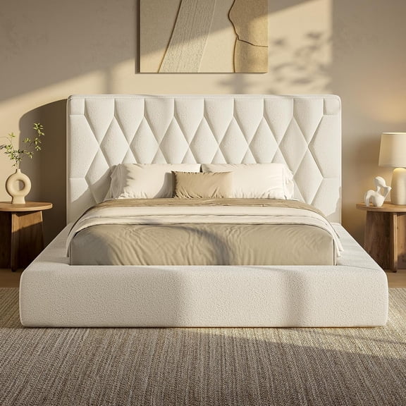 Toogaho Full Upholstered Bed with 5.9" Thick Velvet Headboard and All Sponge Bed Base for Adults,Metal Frame,No Box Spring,Easy to Assemble,Beige