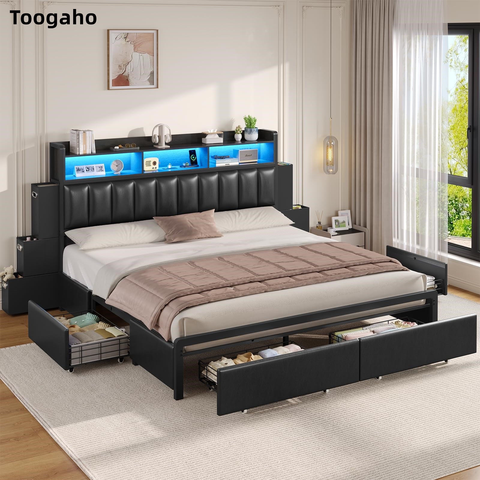 Toogaho King Size Bed Frame with 9 Drawers,Storage Bookcase Headboard, Upholstered Platform Bed King with LED Light and Charging Station,Metal Slats, No Box Spring Needed,Black PU
