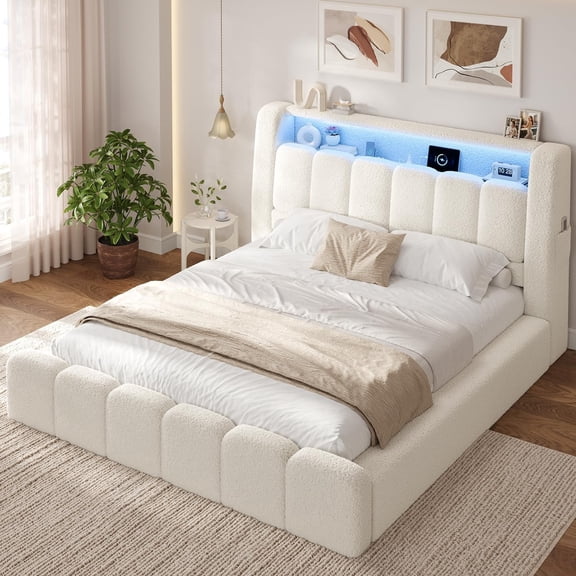 Toogaho Queen Size Upholstered Bed Frame,Beige Teddy Fleece Platform Bed with Storage Headboard & LED Light & Charging Station for Bedroom,No Box Spring Required,Beige