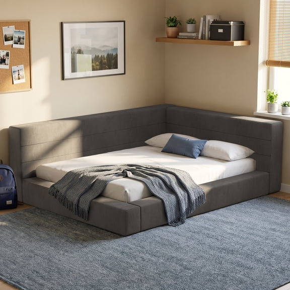 Toogaho L-Shaped Upholstered Daybed,Full Size Corner Bed with All Sponge Bed Base,Soft Velvet,Easy to Assemble,Dark Gray