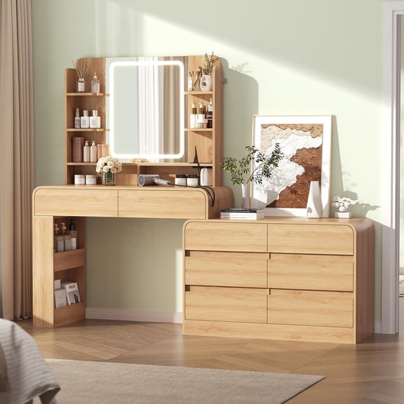Toogaho Makeup Vanity Set with 6-Drawers Dresser,Vanity Dressing Table with Power Outlet & LED Mirror,Nature Oak