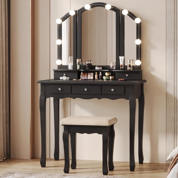 Toogaho Makeup Vanity Set with Stool and Lighted & Detachable Mirror,Vanity Desk with 5 Drawers & 8 Hanging Hooks,Adjustable Brightness,Black