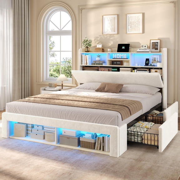 Toogaho Queen Size Bed Frame with Storage & Charging Station & LED Lights,Upholstered Headboard Metal Platform Bed Frame,Noise Free,No Box Spring Needed,Beige