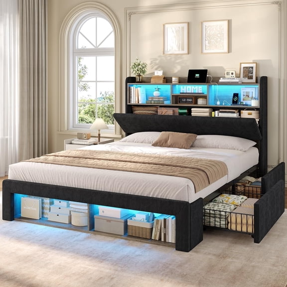 Toogaho Queen Size Bed Frame with Storage & Charging Station & LED Lights,Upholstered Headboard Metal Platform Bed Frame,Noise Free,No Box Spring Needed,Black