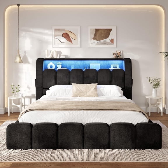 Toogaho Queen Size Upholstered Bed Frame,Beige Teddy Fleece Platform Bed with Storage Headboard & LED Light & Charging Station for Bedroom,No Box Spring Required,Black