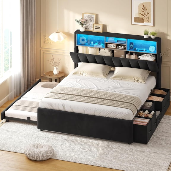 Toogaho Queen Size Upholstered Bed with Twin Trundle,Metal Platform Bed Frame with Storage & Charging Station & LED Lights,Storage Headboard,Soft Velvet,Noise Free,Black