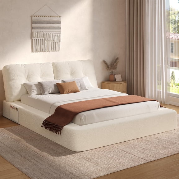 Toogaho Queen Upholstered Bed with 5.9" to 7.9" Adjustable Headboard & All Sponge Bed Base,Soft Flannel,Metal Platform Bed Frame,No Box Spring Needed,Beige
