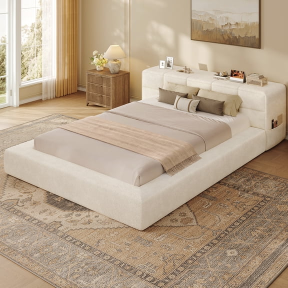 Toogaho Queen Upholstered Bed with 12.6" Thick Terry Headboard and All Sponge Bed Base,Metal Platform Bed Frame,Easy to Assemble,Beige