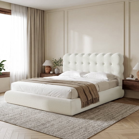 Toogaho Queen Upholstered Bed with Wave-Shaped Headboard and All Sponge Bed Base,Soft Teddy,Metal Platform Bed Frame,Easy to Assemble,Beige