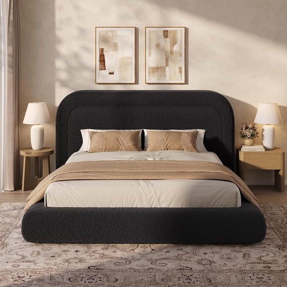 Toogaho Queen Upholstered Platform Bed with 5.9" Thick Round Corner Headboard & All Sponge Bed Base,Soft Boucle,Metal Bed Frame,No Box Spring Needed,Black