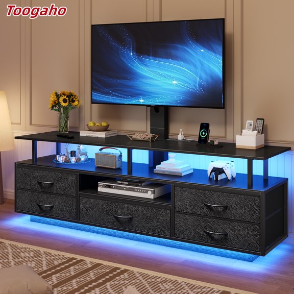 Toogaho TV Stand with LED Light and 5 Storage Drawers,51.2" TV Console Table with Mount,Power Outlets,for 32/55/65/70 inch TVs,for Living Room Bedroom,Black