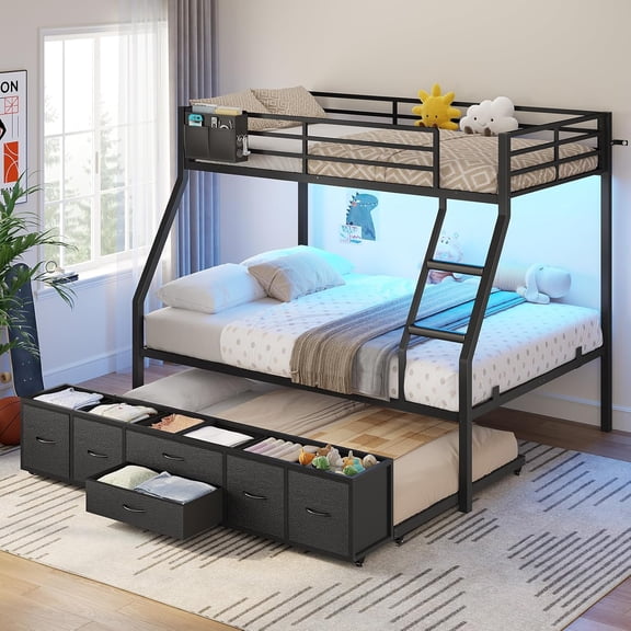Toogaho Twin Over Full Bunk Bed with Trundle,Metal Bunk Bed with Ladder & Guardrail & Led Light,Convertible Triple Bunk Bed Frame with Bottom 6 Storage Drawers for Adult Bedroom,Dorm,Guest Room,Black