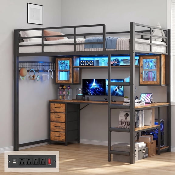 Toogaho Twin Loft Bed with L Shaped Desk & Storage Shelves & Power Outlet & 13.4" Safety Guardrail,Metal Loft Bed Frame with 4 Drawers & LED Light & 2 Acrylic Cabinet,No Noise,Brown