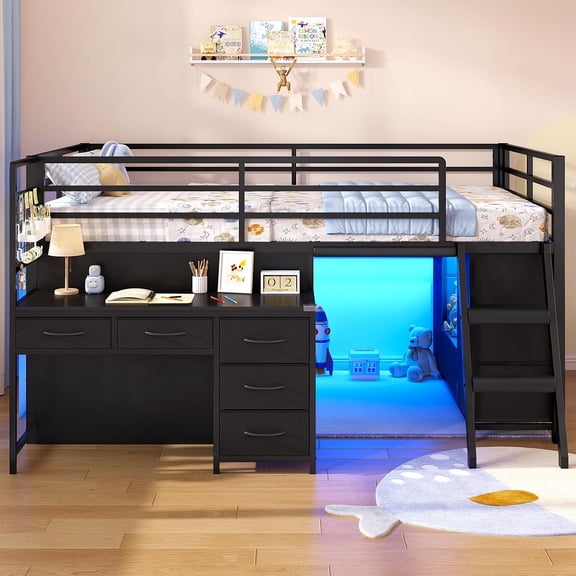 Toogaho Twin Low Loft Bed with Desk,LED Metal Loft Bed Frame with Storage Drawers & Under-Bed Play Space,Black