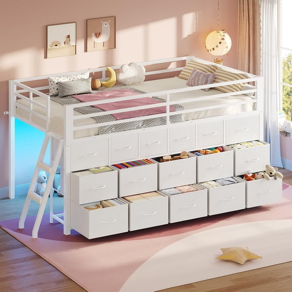 Toogaho Twin Low Loft Bed with Storage,Metal Loft Bed Frame with Led Light & Under-Bed Play Space,White